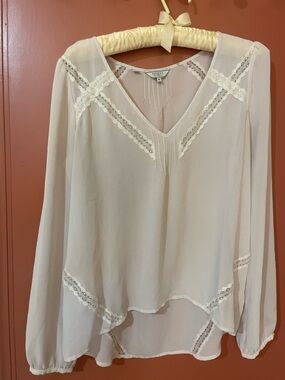 Guess Cream Lace-Trim V-Neck Long Sleeve Blouse
